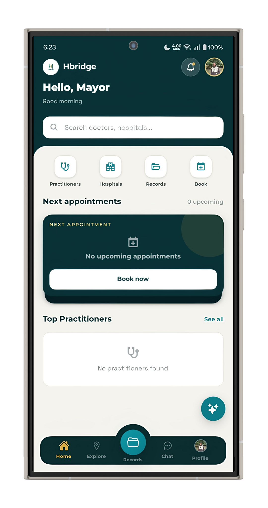 The Hbridge app home screen, showing upcoming appointments and quick actions