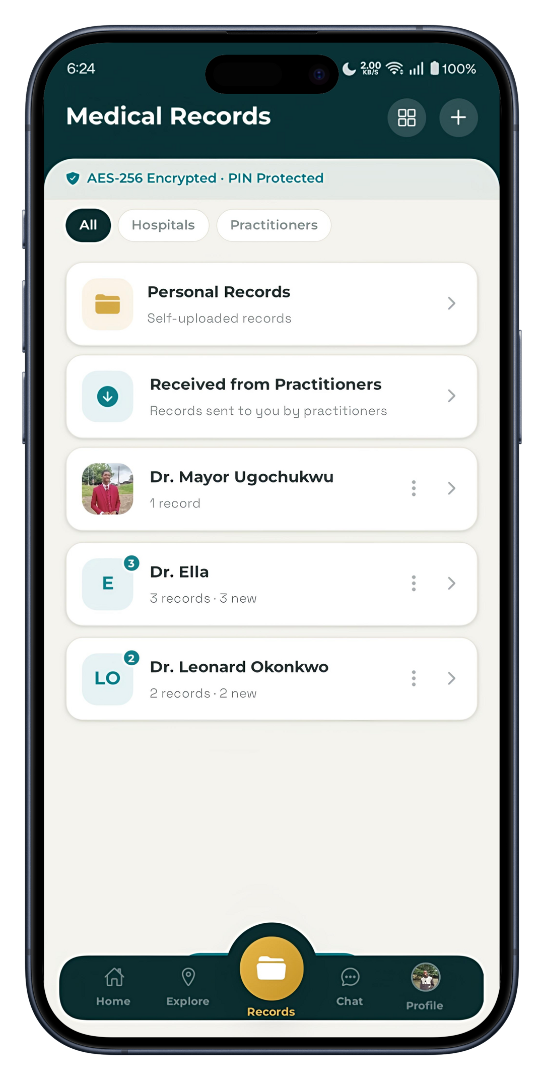 The Hbridge app's Medical Records screen, showing AES-256 encrypted, PIN-protected records