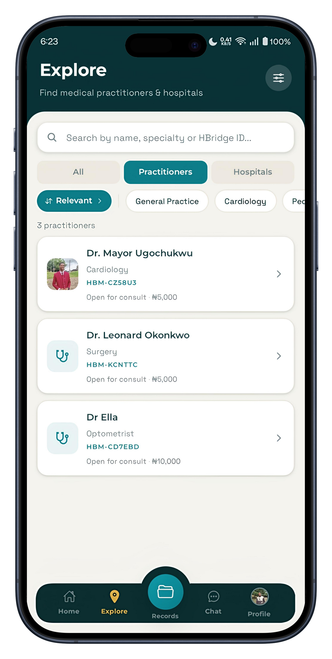The Hbridge explore screen, showing a list of available doctors by specialty